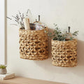 Set of 2 Wicker Wall Hanging Basket, Natural Water Hyacinth Hanging Wicker Decorative Basket, Handmade Woven Storage Organizer for Front Door Mail Flowers Garden House Wedding Wall Decorations