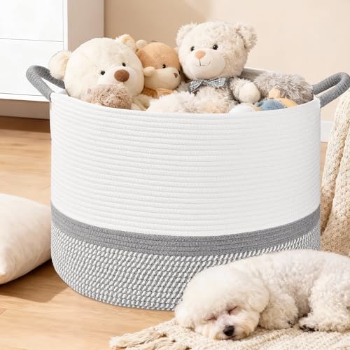 67L Large Blanket Basket, 20"x13" Blanket Basket Living Room, Woven Baskets With Handle, Toy Baskets for Blankets, Nursery, Dog, Pillow, Gift (White & Light Grey) - color: White & Light Grey, size: 67L
