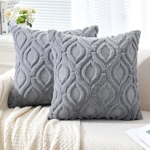 MIULEE Grey Blue Throw Pillow Covers 18x18 Inch, Soft Winter Plush Faux Wool Couch Pillow Covers Set of 2 Decorative Farmhouse Boho Throw Pillows for Sofa Living Room Bed - color: Grey Blue, size: 18" x 18" (Pack of 2)