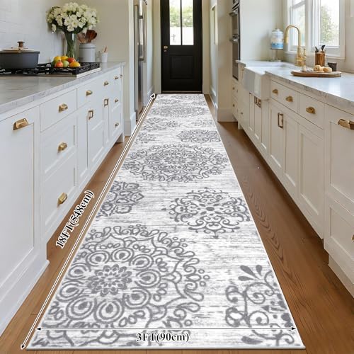 HEBE Hallway Runner Rug 3'x18' Washable Vintage Distressed Area Rugs Non Slip Laundry Rug Runner Boho Floor Carpet Runners for Hallways Entryway Laundry Room Kitchen Bathroom - color: Grey, size: 3' x 18' (Rectangular)