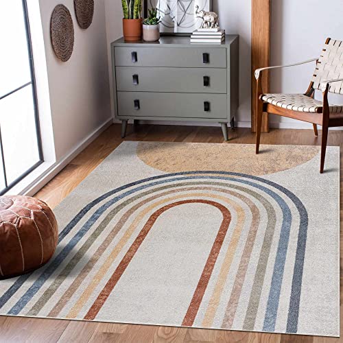Hauteloom Vaughan Machine Washable Area Rug for Living Room, Bedroom - Bohemian Vintage Distressed - Rainbow Contemporary Striped Carpet - Colorful, Red, Yellow, Beige - 6'7" x 9' (6x9) - color: Dark Blue, Light Blue, Olive / Giza, size: 6'7" x 9' (Rectan