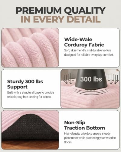 23.6in Pouf Ottoman, Corduroy Ottoman Foot Rest with Dual‑Layer Support, Large Poofy Pouf with Soft Chunk‑Foam Top & Firm Foam Base, Floor Foot Stool for Living Room, Pink - color: Pink