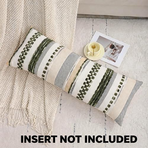 Dark Green Boho Lumbar Throw Pillow Cover 14x36 Long Body Lumbar Decorative Pillow Case Accent Chenille Striped Pillowcase Farmhouse Cushion Case for Home Decor (1 Piece) - color: Dark Green Stripe, size: 36" x 14" (Pack of 1)
