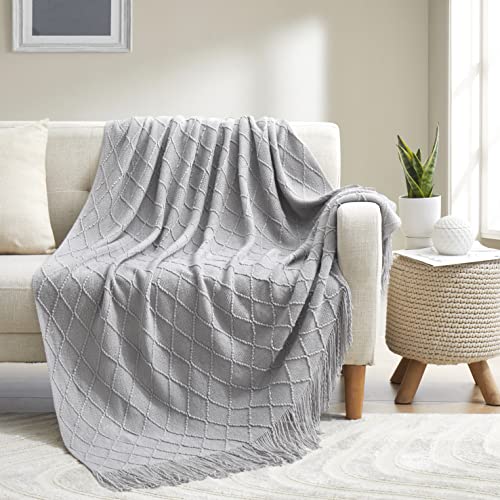 Acrylic Knitted Throw Blanket, Lightweight and Soft Cozy Decorative Woven Blanket with Tassels for Couch, Bed, Sofa, Travel, Suitable for All Seasons, 50 x 60 Inches, Grey - color: Grey