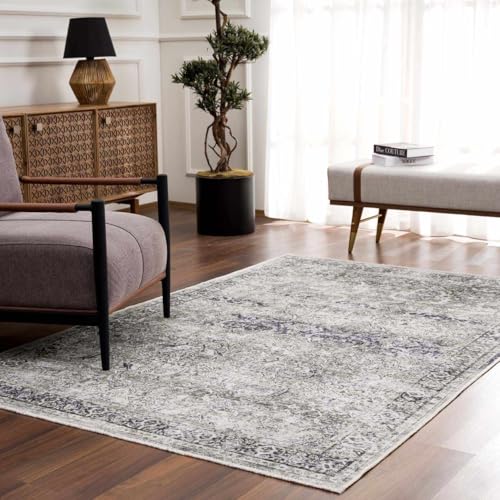 Hauteloom Wentworth Bohemian Vintage Medallion Area Rug - Farmhouse Oriental Carpet for Living Room, Bedroom - Machine Washable - Gray - 6'7" x 9' - color: Gray, White / Arista, size: 6'7" x 9' (Rectangular)
