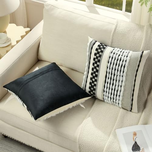 FUTEI Pack of 2 Boho Chenille Decorative Throw Pillow Covers 20x20 Inch Soft Plush Tufted Striped Textured Cushion Case,Farmhouse Accent for Couch Bed Living Room, Black White - color: Black+white, size: 20" x 20" (Pack of 2)