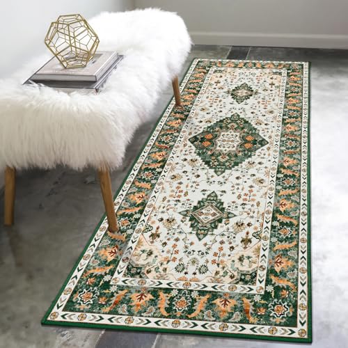 Amearea Vintage Design Runner Rugs for Living Room, 2x6 Machine Washable Floral Collection Traditional Bedroom Rug, Low Pile Cute Kids Room Print Carpet, No Slip Office Kitchen Home Decor, Green - color: Green, size: 2' X 6' (Runner)