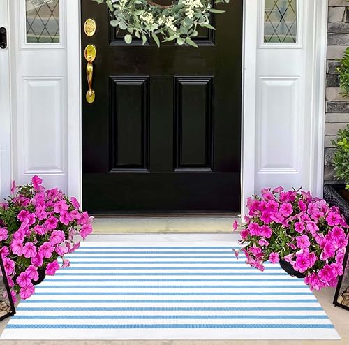 Light Blue White Outdoor Front Door Mat 24"x35",Cotton Woven Washable Striped Layered Doormat Indoor Outdoor Area Rug for Entryway Porch Decor Home Entrance - color: Blue White, size: 2' x 3' (Rectangular)