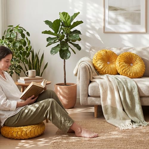 Drydiet 1 Pcs Round Throw Velvet Pillows Decorative Pleated Throw Pillows Diameter Accent Pumpkin Boho Chair Cushion for Couch Sofa Home Decoration (Velvet Gold,15'') - color: Velvet Gold, size: 15''