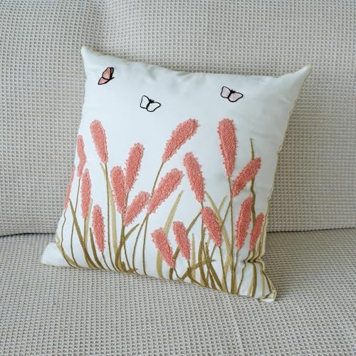 vctops Farmhouse Pampas Grass Cotton Tufted Throw Pillow Cover Boho Embroidery Pillowcase Soft Square Cushion Case for Sofa Couch Bed Chair (Dark Pink,18"x18") - color: Dark Pink