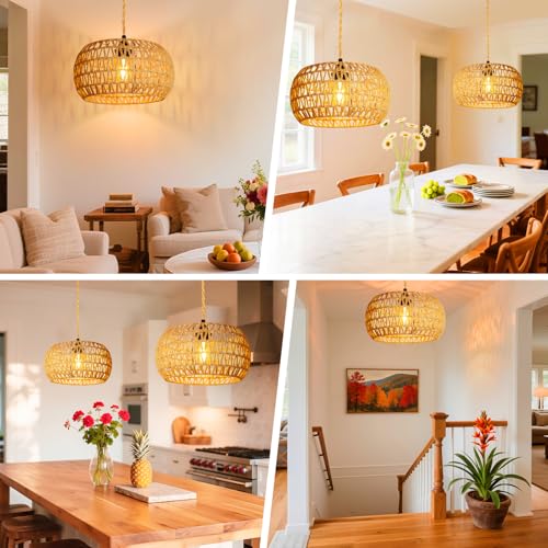 Hanging Light Ceiling Lamp Pendant Lights Rattan Hanging Lamp with Plug in Cord for Living Room Bedroom Kitchen Indoor Hanging Lamp Plug in Woven Lampshade - size: 12.6 Inch - Cylindrical Shade