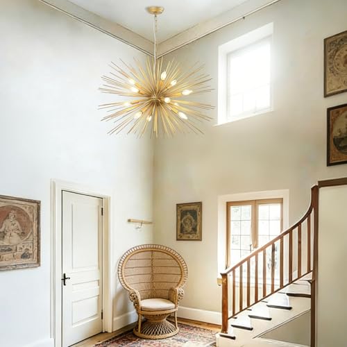 Modern 33.8in Gold Sputnik Chandeliers 12-Light Mid-Century Starburst Chandelier Light Fixture Solid Metal Satellite Large Chandelier for High Ceiling Dining Room Living Room Foyer E12 - color: Golden 33.85" 12-Light
