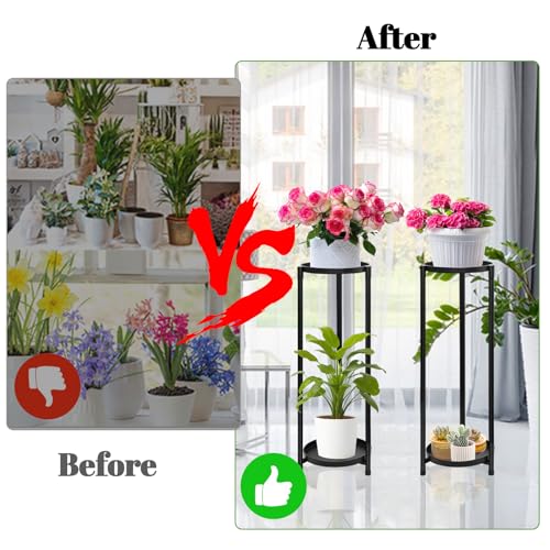 2 Tier Round Tall Metal Plant Stand indoor outdoor, Rustproof Round Planter Display Storage Rack, Heavy Duty Potted Holder for Home Garden Patio Bathroom Living Room(Black) - color: 2 Tier Black