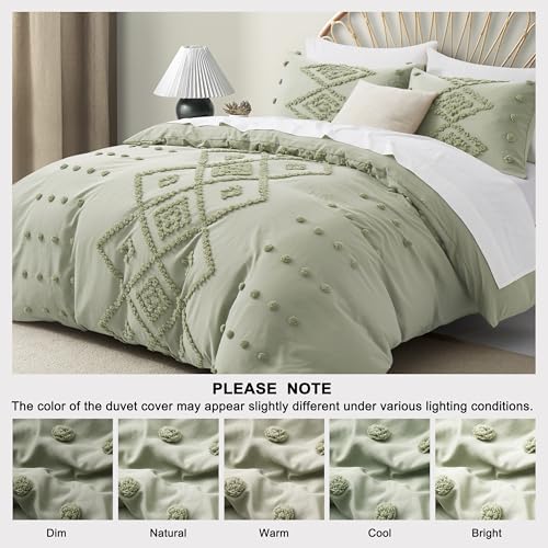 Oli Anderson Tufted Duvet Cover King Size, Soft and Lightweight Duvet Covers Set for All Seasons, 3 Pieces Boho Embroidery Shabby Chic Bedding Set (Mist Sage, King, 104"x90") - color: Mist Sage, size: King(104"×90")
