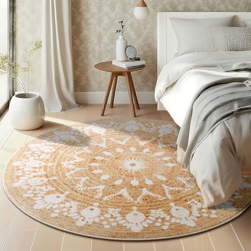 Asrug Imitation Jute Low Pile Round Rug Area Rug Washable Non-Slip Circle Rug Soft Plush Touch Circle Rugs Round for Kitchen Bathroom Living Bedroom Nursery, Carpet 4ft /48 inch/122 cm Brown - color: Beigefloral, size: 4ft