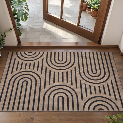 Tangsoo Modern Easy Jute 2x3 Outdoor Washable Rug for Entryway,Non-Slip Rainbow Rug Farmhouse Small Throw Mats Neutral Indoor Floor Carpet for Entrance Front Porch Foyer Decor - color: Brown Six Rainbow, size: 2x3ft