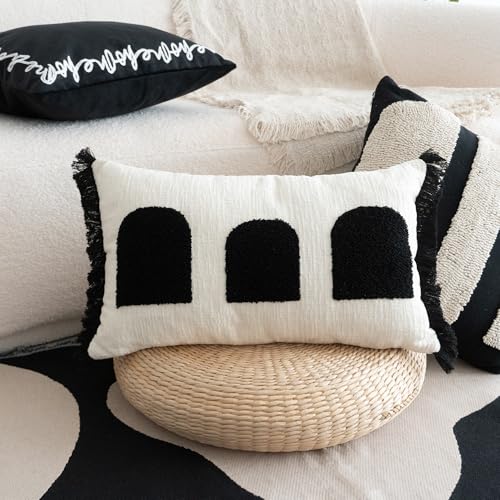 Black White Boho Fringe Tasseled Pillow Cover, Neutral Decorative Rectangular Throw Pillow Case, Geometric Modern Sham for Bed Couch Living Room, 12x20 inches, 1PCS - color: White, size: 20" x 12" (Pack of 1)