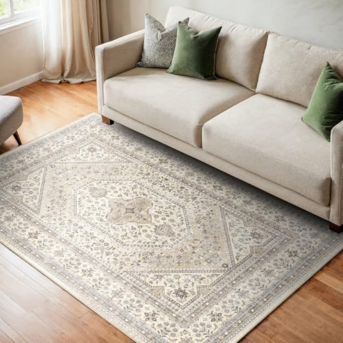 Washable 3x4 Area Rug for Entryway - Bedroom Rugs with Non Slip Rubber Backing for Kitchen Bathroom Indoor Soft Stain Resistant Carpet Rug for Pet Feeding Area and Distressed Floor Decor Beige/Gray - color: Beige/Gray, size: 3' x 4' (Rectangular)