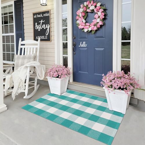 Ckorzen Green and White Plaid Rug, 28" x 43" Spring Outdoor Front Porch Door Decor Mat, Washable Cotton Woven Farmhouse Area Rug for Layered Door Mats Carpet, Entryway, Easter Décor - color: Green & White, size: 2'4" x 3'7" (Rectangular)