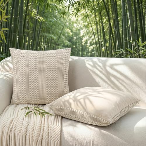 a moment 2 Pack Bamboo Fiber Pillow Covers - Waffle Weave, Ultra Soft & Breathable, Skin-Friendly Cotton Throw Pillow for Couch, Sofa, Bedroom Living Room 12x20 Inch Beige - color: Beige, size: 20" x 12" (Pack of 2)