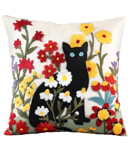 Embroidered Throw Pillow Cover - 20x20 Decorative Pillow Cover with Zipper Aesthetic Cute Design Boho Spring Summer Throw Pillowcase for Living Room Couch Sofa Bed, Flower Cats - color: Flower Cats, size: 20" x 20" (Pack of 1)