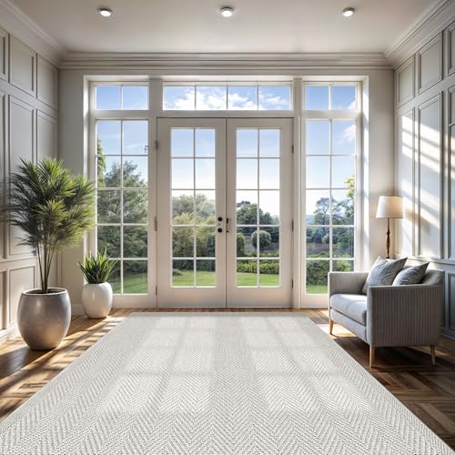 CAMILSON Easy Jute Rug 10x14, Indoor Outdoor Off-White Color Fiber Area Rugs for Living Room and Patio Rug Herringbone Boho Woven Design Easy-Cleaning Washable Outside Carpet Alfombras 10 x 14 - color: Herringbone/Bone, size: 10' x 14' (Rectangular)