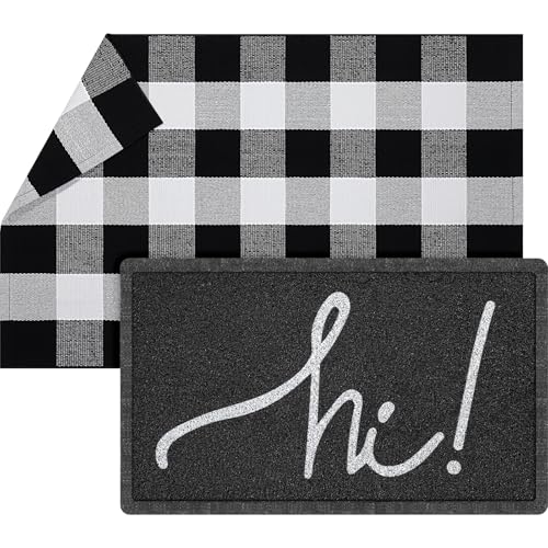 Geelin 2 Pcs 30'' x 18'' Doormat 43'' x 27.5'' Black and White Layered Rug for Front Door Mat Outside Entrance Welcome Door Mats for Indoor Outdoor Entryway Porch Decor(Hi) - style: Hi