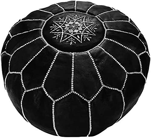 ARTOUARZAZATE Premium Moroccan Leather Pouf Cover, Ottoman Footstool Hassock 100% Real Natural Leather pouffe, Home Gifts, Wedding Gifts, Foot Stool (Black by White)