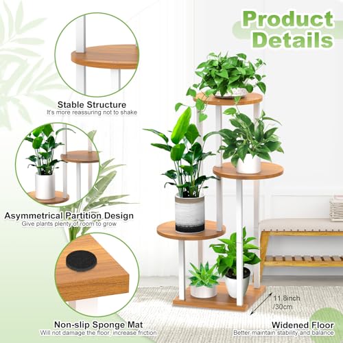4 Tier Wood Tall Plant Stand Metal Rack Indoor, Multiple Flower Pot Holder Shelves Corner Rack, Round Planter Shelf Display Rack Storage Organizer for Patio Living Room Balcony(White+Wooden) - color: White+Wooden, size: 4 Tier