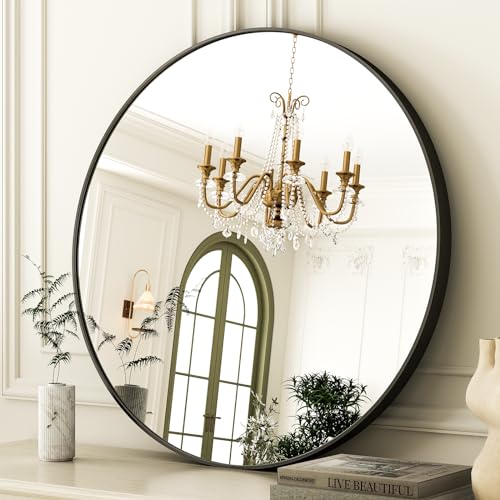 30 Inch Round Bathroom Mirror - Black Wall Mounted Circle Mirror with Metal Frame, Modern Round Hanging Mirror Suitable for Bathroom, Vanity, Entryway, Living Room - color: Black, size: 30"L x 30"W