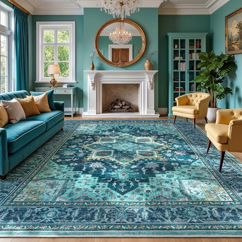 8x10 Turquoise Large Area Rugs for Living Room - Boho Teal Green Medallion Aesthetic Distressed Washable Rug, Soft Non-Slip Backing Low Pile Carpet for Dining Under Table, Bedroom, Office - color: Turquoise, size: 8' x 10' (Rectangular)