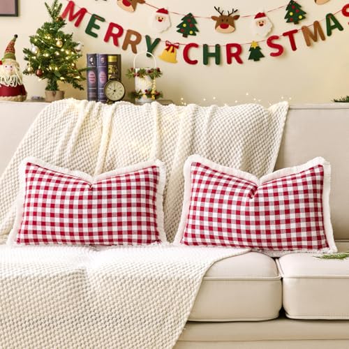 Red and White Christmas Plaid Lumbar Pillow Covers 12x20 Set of 2 with Tassels, Red Gingham Winter Holiday Lumbar Pillow Covers 12 x 20, Christmas Outdoor Pillows for Porch and Patio (Woven Fabric) - color: Lumbar Red & White (With Tassels), size: 20" x 1