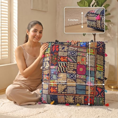 THE ART BOX Cotton Patchwork Vintage Boho Embroidered Floor Pillows & Cushion Cover Dog Pouf Seating Pouf Meditation Pillow Pet Bedding Cat Bed Boho Home Décor (35x35 Inches, Cover Only) - color: Blue