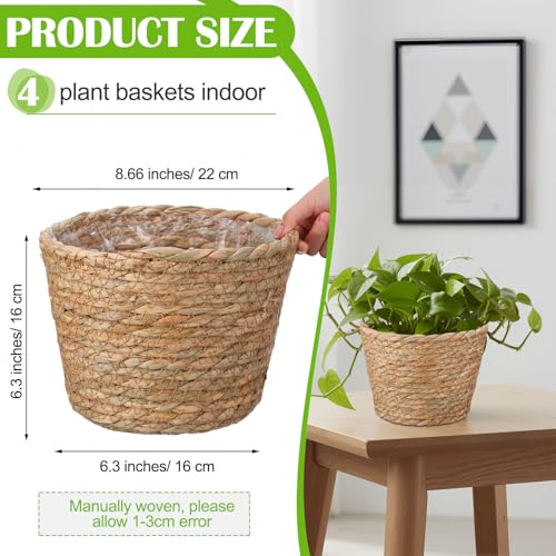4 Pcs Straw Plant Baskets Indoor Rattan Woven Flower Baskets with Plastic Liner, Cattail Plant Planter for Indoor Outdoor Rustic Boho Home Farmhouse Floor Potted Pots Decor - color: Natural, size: L(7.09" Top D X 6.3" Bottom D X 6.3"h), style: Cattail