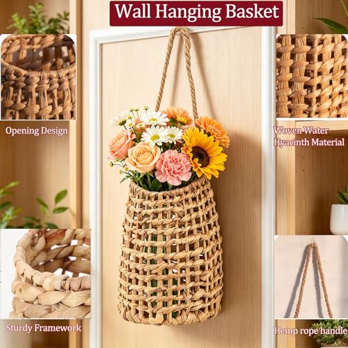 Natural Handwoven Water Hyacinth Hanging Basket – Boho Wall Decor for Front Door, Flowers, Mail & Veggies Storage – Wicker Organizer for Home, Pantry, Garden, Farmhouse