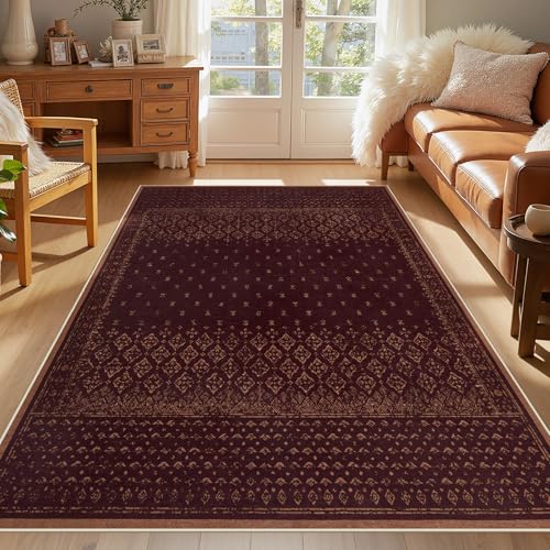 Joydeco Vintage 5x7 Washable Rug for Bedroom, Burgundy Living Room Rug Non Slip, Boho Geometric Ultra-Thin Soft Indoor Floor Throw Carpet for Entryway Dining Table Kitchen Home Office - color: Burgundy, size: 4'11" x 6'11" (Rectangular)