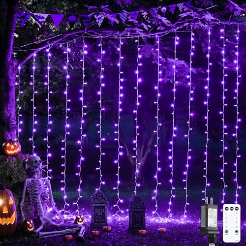 JMEXSUSS 300LED Purple Halloween Lights with Remote, 9.8x9.8ft Curtain Lights Plug in, 8 Modes Hanging String Lights for Indoor, Outdoor, Bedroom, Window, Party, Backdrop, Xmas, Halloween Decorations - color: Purple, size: 300 LED