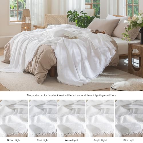 MooMee Muslin Blanket - 100% Cotton 4-Layer Gauze Throw Blanket with All-Around Fringe, Soft Breathable Lightweight Cooling Summer Blankets for Bed Couch (Bright White,Throw 60" x 50") - color: Bright White, size: Throw