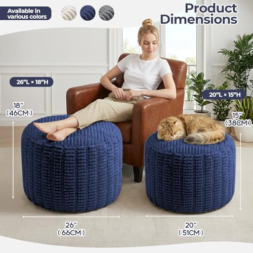 Large Round Pouf Ottoman Stuffed Corduroy Poufs Foot Rest with Foam Filling Fluffy Pouf Storage Ottoman Relax Stool for Living Room Couch 26 X 18 Inches, Blue - color: Blue, size: 26"D x 26"W x 18"H