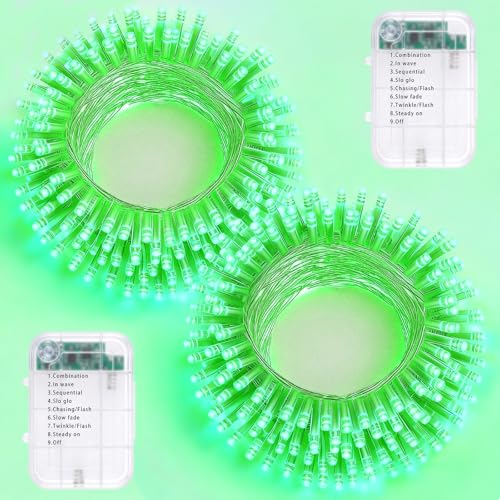 Pooqla 2 Pack String Lights Battery Operated, Total 66.6ft 200 LED Fairy Lights Indoor Outdoor Decorations, 8 Modes Green Battery Lights for Halloween Christmas Bedroom Porch Party Yard Decor - color: Green, size: 100 LED x2
