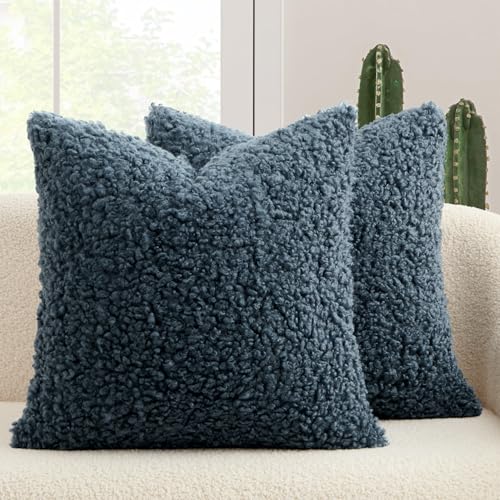 MIULEE Pack of 2 Throw Pillow Covers 18x18 Inch Neutral Navy Blue Faux Fur Decorative Sherpa Pillow Covers Fuzzy Accent Soft Sheepskin Fleece Cushion Cases for Boho Home Decor Couch Living Room Bed - color: Navy Blue, size: 18" x 18" (Pack of 2)