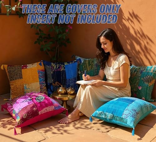 Set Of 5 Boho Throw Pillow Covers - Silk Decorative Cushions For Sofa, Couch, And Bed – Bohemian, Indian & Moroccan Inspired Home DéCor For Living Room (Silk Patch Cushion Cover, 18X18 Inches) - color: Silk Patch Cushion Cover