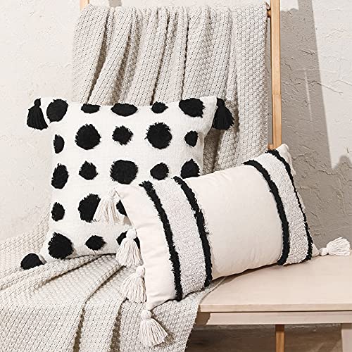 vctops Boho Tufted Decorative Lumbar Throw Pillow Cover with Tassels Cotton Black and Beige Stripe Cushion Cover for Couch Sofa Bed (Stripe,12"x20") - color: Stripe, size: 20" x 12" (Pack of 1)