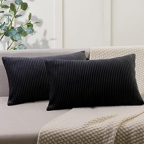 YCOLL Black 12x20 Pillow Cover Set of 2 Velvet Striped Pattern - Soft Throw Pillows for Home Decor, Luxury Decorative Pillow Covers for Couch, Bed,Living Room - color: Black, size: 20" x 12" (Pack of 2)