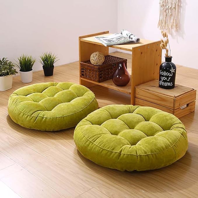 Meditation Floor Pillow Set of 2 Large Round Floor Cushions for Adults Tufted Corduroy Floor Seat Pillows Cushion for Living Room Tatami Yoga,Grass Green 22x22 Inch