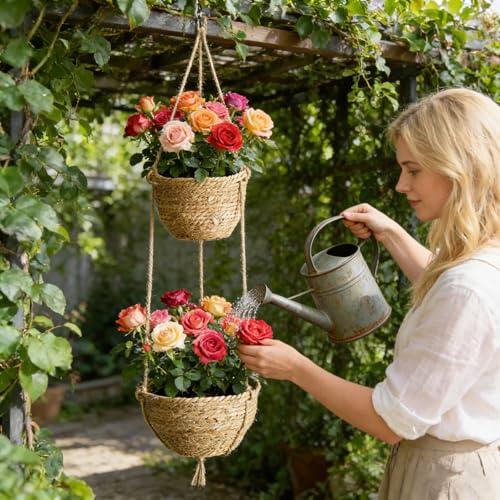 Double Layer Woven Hanging Planter, Boho Style Hanging Flower Basket, 2-Tier Macrame Holder for Indoor Home Garden Living Room Balcony Porch (Color B) - color: Color B