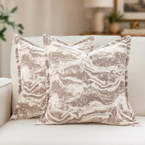 MATTINS Neutral Marble Pillow Covers 18x18 Set of 2, Modern Textured Throw Pillow Covers, Luxury Farmhouse Brown Pillow Covers, Boho Patterned Decorative Pillow Cover for Couch Sofa Bed Gift Pack - color: Light Brown, size: 18" x 18" (Pack of 2)