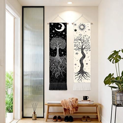seewan 2 Pack Long Vertical Wall Tapestry, Boho Nature Landscape & Floral Aesthetic Wall Hanging for Bedroom Living Room Home Decor, Long Narrow Art Tapestry with Sunrise Mountain Botanical Designs, 13" × 51" (Night Forest Moon, 13"Wx51"H, Unframed) - col