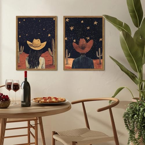 Framed Boho Western Cowboy and Cowgirl Wall Art Set of 2, Vintage Southwestern Desert Starry Sky Cactus Pictures Wall Decor, Rustic Farmhouse Paintings Canvas Prints for Living Room Bedroom 12x16 inch - color: Cowboy, size: 16L" x 12W"