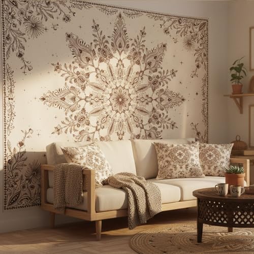 Accnicc Boho Floral Mandala Tapestry Wall Hanging Bohemian Beige Flower Tapestry Aesthetic Hippie Indian Extra Large Tapestries for Bedroom Living Room Dorm Decor 90 x 68 Inch - color: Beige White, size: 90"L x 68"W
